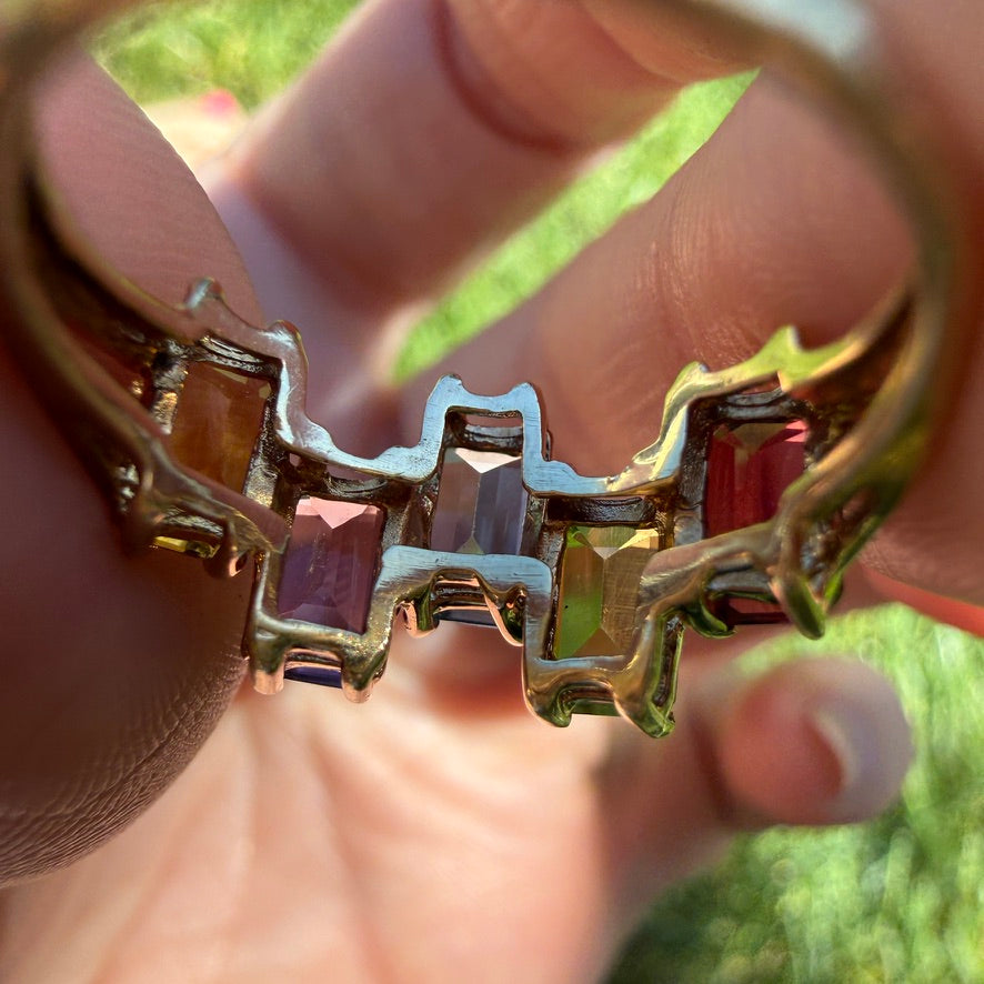 Solid 10K Yellow Gold Eye-catching Five Gemstone Ring, Size 5.75