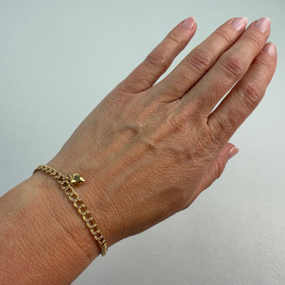 7"  Italian Solid 14K Yellow Gold Double Link Bracelet with Heart Charm, 2.94g