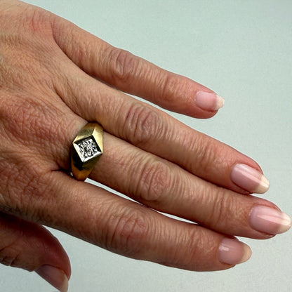 10K Vintage Solid Yellow and White Gold Classic Mid-century Illusion Ring, Size 7.75