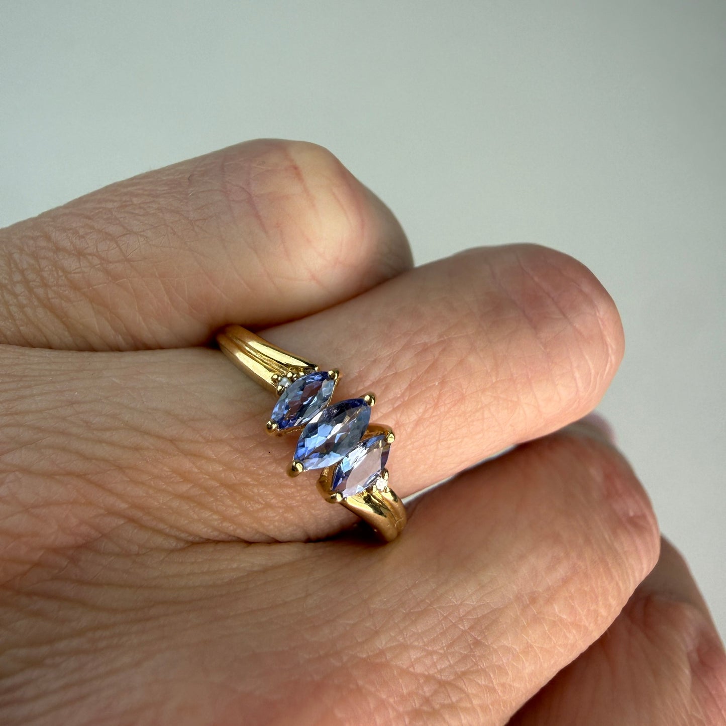 Solid 10k Yellow Gold Marquise Iolite and Diamond Accent Ring, Size 7
