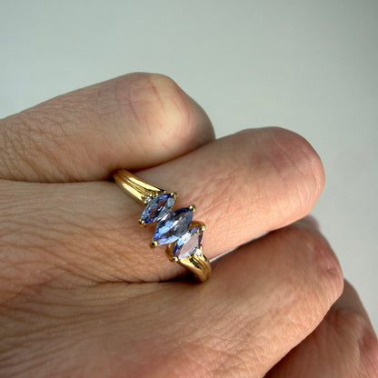 Solid 10k Yellow Gold Marquise Iolite and Diamond Accent Ring, Size 7