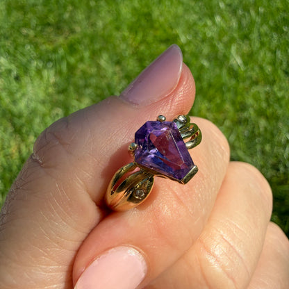 14K Solid Yellow Gold Geometric Amethyst and Gypsy Set Diamond Ring, Size 7.75
