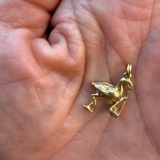Vintage Solid 14K Yellow Gold Charming Vintage 3D Two-Sided Stork– 2.38