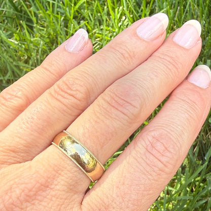 14K Solid Yellow Gold Wide Band Ring with Milgrain Edge 6.14mm, Size 7.75