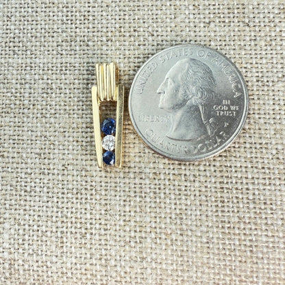 Solid 14K Yellow Gold Art Deco Style Sapphire and Diamond Pendant, 2.20 grams