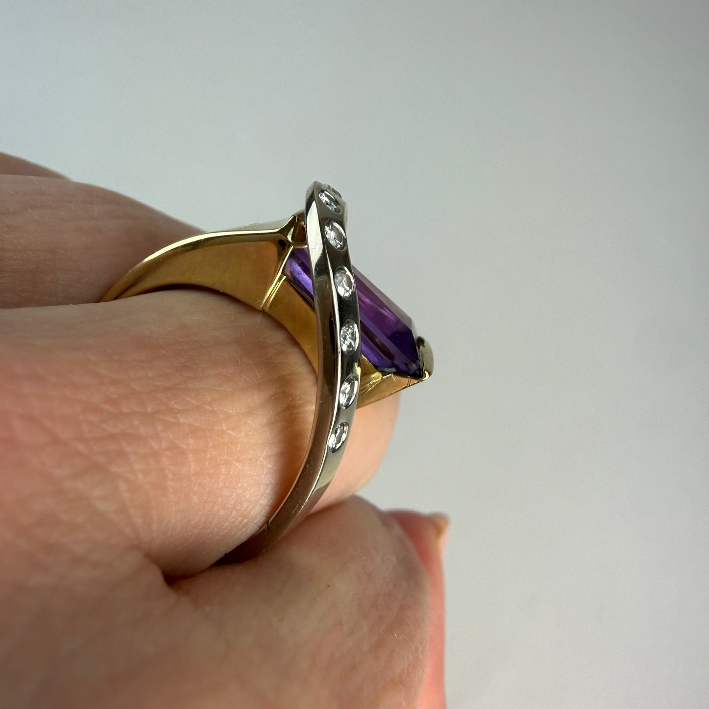 Solid 14K Two-Tone Sculptural Amethyst and Diamond Statement Ring, Size 7.75