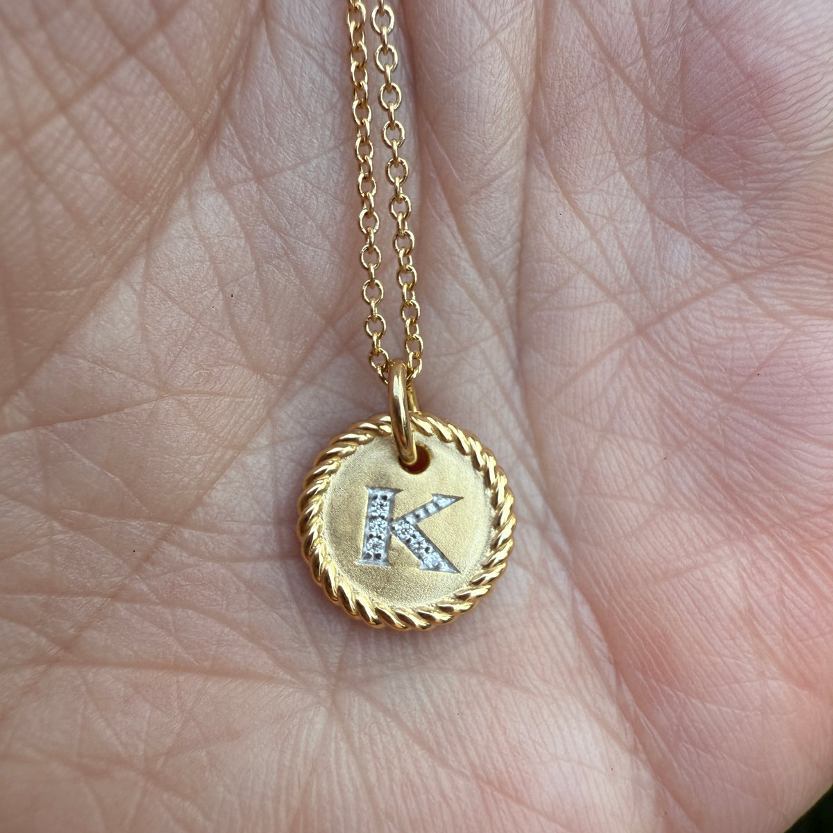 Estate David Yurman K Initial Disk Charm Necklace in 18K Yellow Gold with Pavé Diamonds