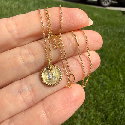 Estate David Yurman K Initial Disk Charm Necklace in 18K Yellow Gold with Pavé Diamonds