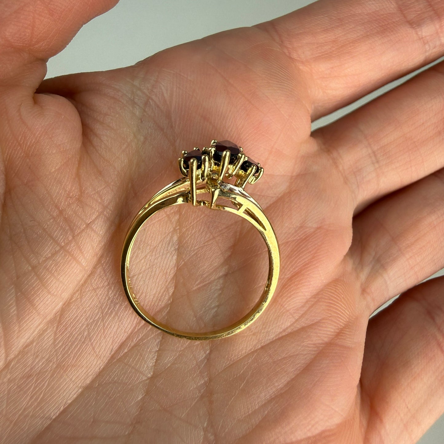 Solid 10k Yellow Gold Three-Stone Marquise Sapphire and Diamond Ring, Size 7.75