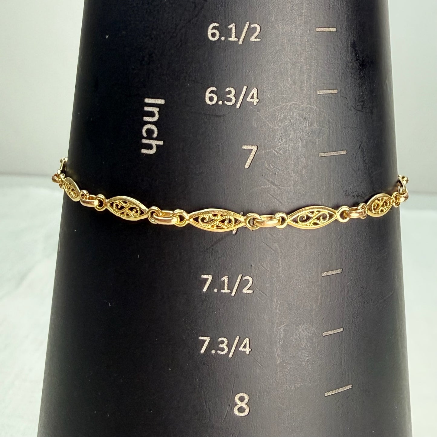 Vintage Solid 14K Yellow Gold Italian Oval Filigree Link Bracelet, 7.25", 3.35 g