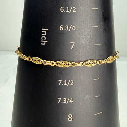 Vintage Solid 14K Yellow Gold Italian Oval Filigree Link Bracelet, 7.25", 3.35 g