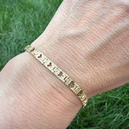 6.75" Solid 10K Yellow Gold Open Heart Textured Link Bracelet, 4.86 g