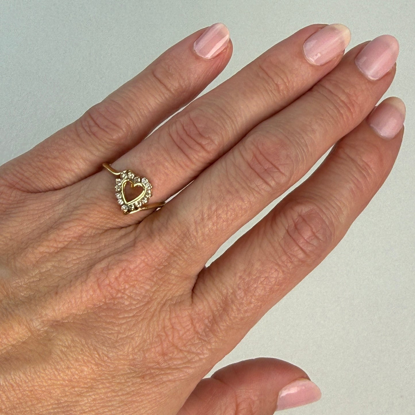 Solid 14K Yellow Gold Diamond Open Heart Ring with Square Shank, Size 5.5