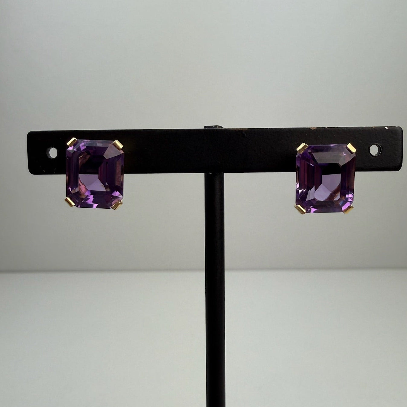 Estate 14k Solid Yellow Gold Elegant Emerald Cut Amethyst Stud Earrings, 4.89g