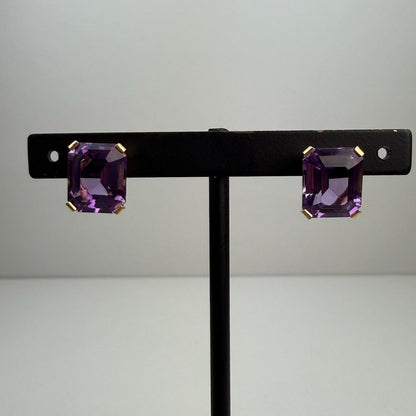Estate 14k Solid Yellow Gold Elegant Emerald Cut Amethyst Stud Earrings, 4.89g