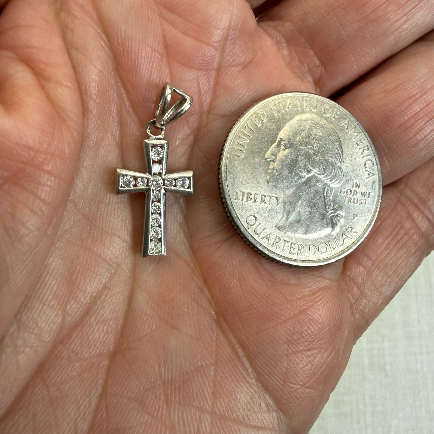 Solid 14K White Gold Diamond Cross, 1.25 grams