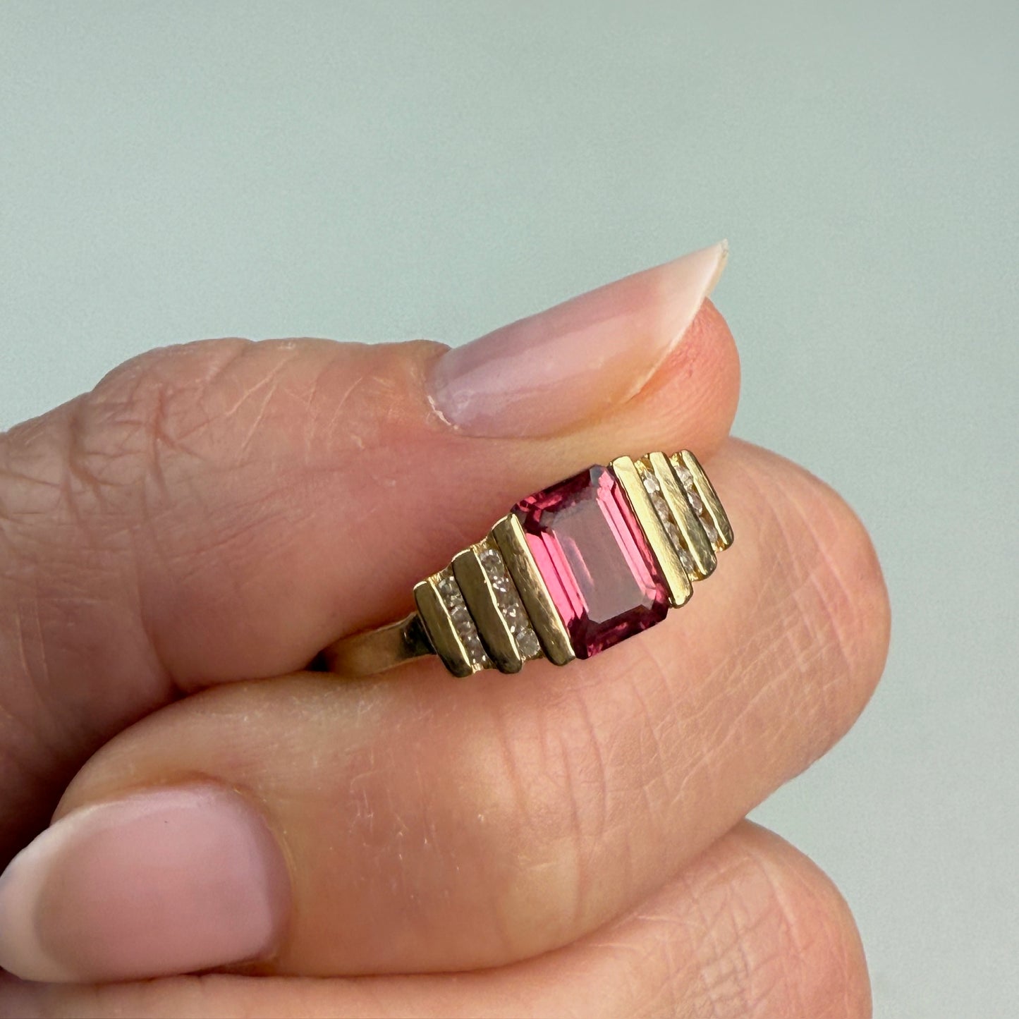 Solid 10K Yellow Gold Vintage Pink Tourmaline and Diamond Ring, Size 7