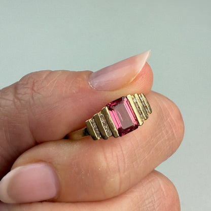 Solid 10K Yellow Gold Vintage Pink Tourmaline and Diamond Ring, Size 7