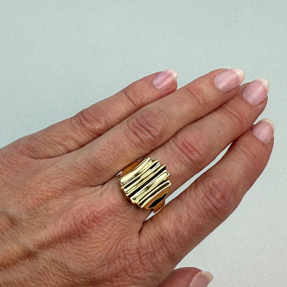 14K Solid Yellow Gold Wide Ridge, Sculptural Ring – Size 7