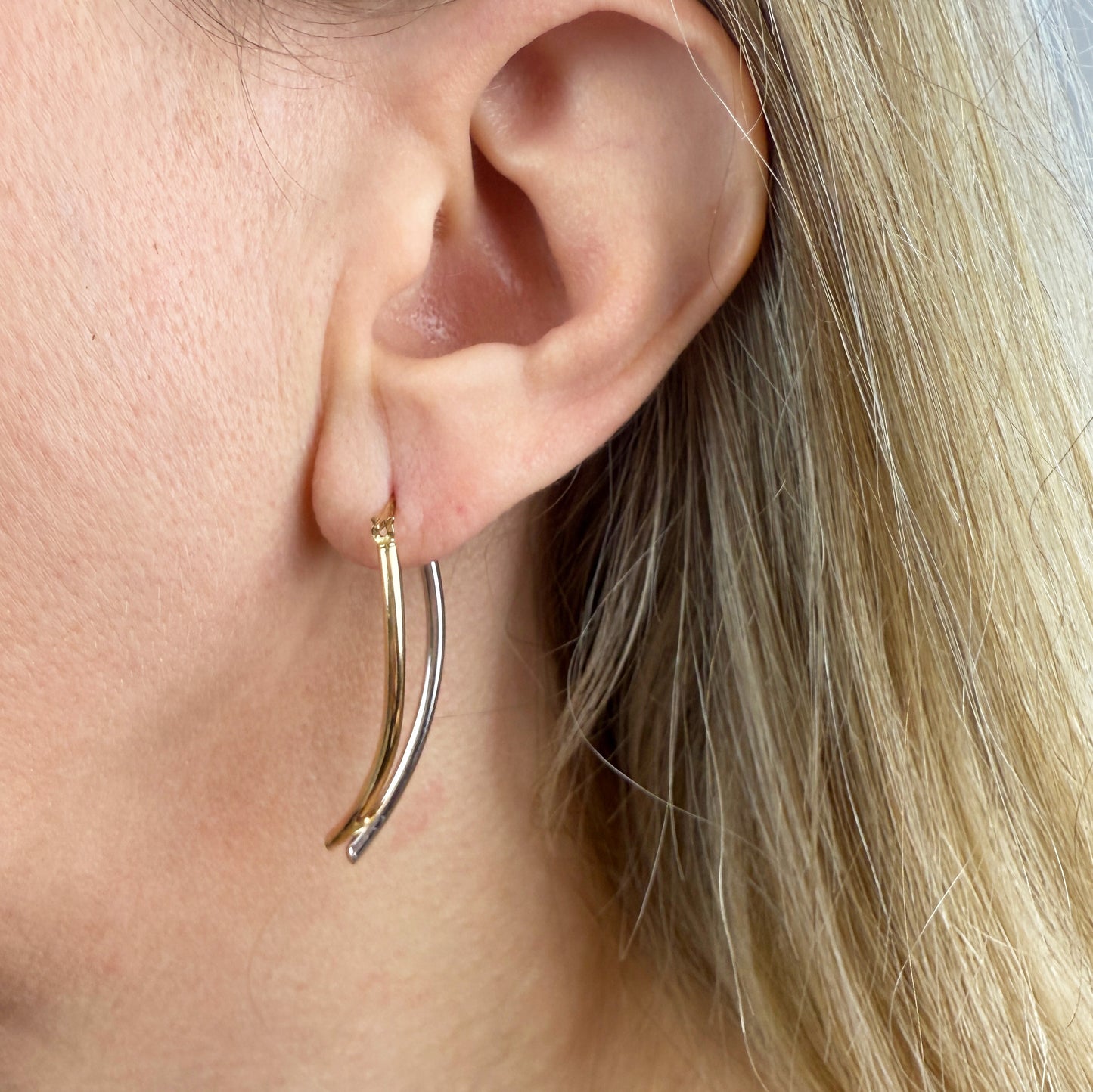 Two-Tone Reversible Elongated Linear Hoop Earrings 14K Yellow and White Gold