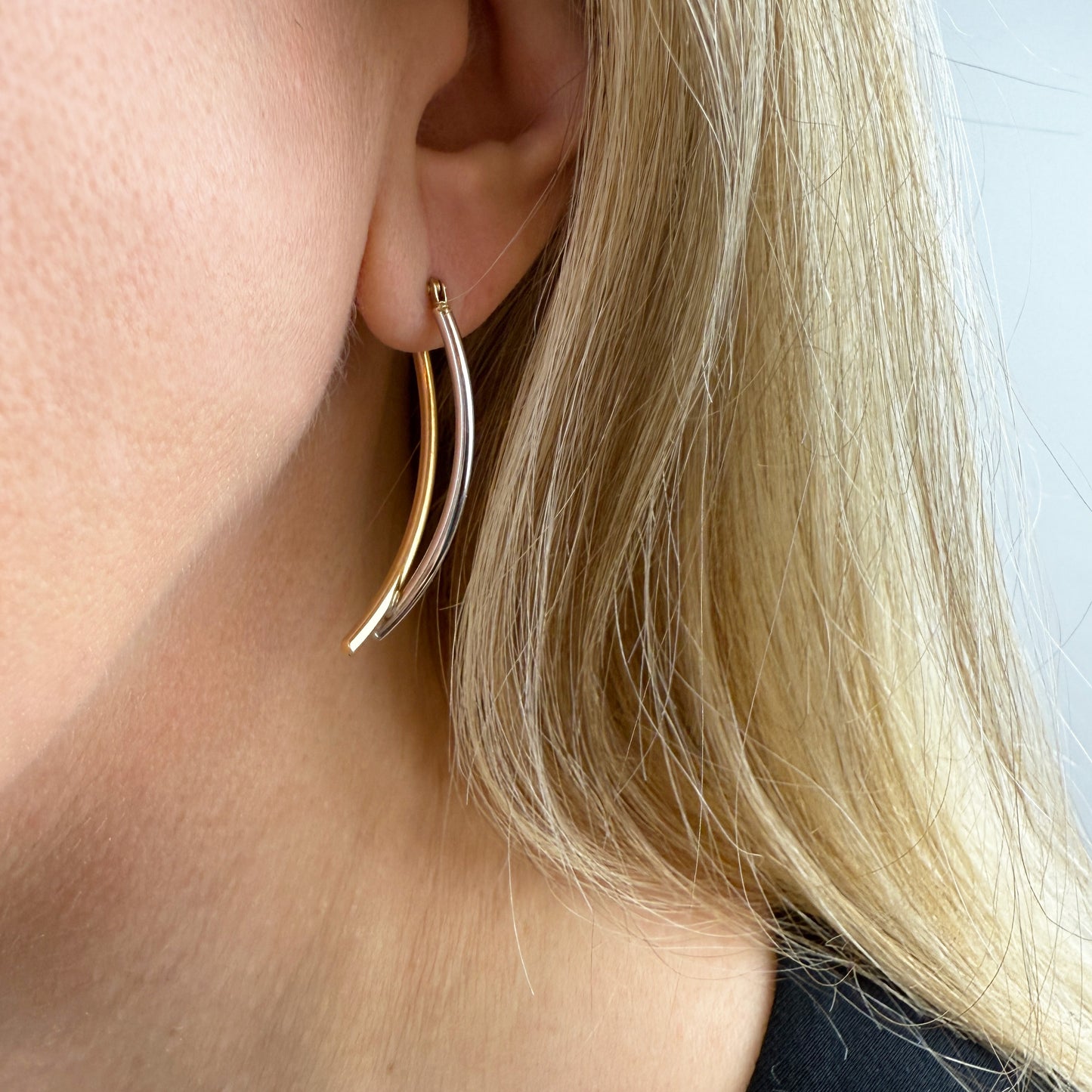 Two-Tone Reversible Elongated Linear Hoop Earrings 14K Yellow and White Gold