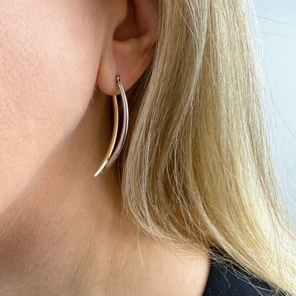 Two-Tone Reversible Elongated Linear Hoop Earrings 14K Yellow and White Gold