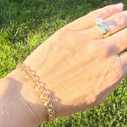 6.75+" Vintage Solid 14K Yellow Gold Faceted Double Circle Link Bracelet, 12.21 g