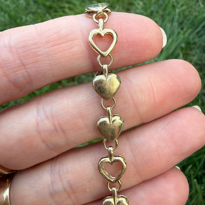 7.25" Italian Solid 9K Alternating Open and Closed Heart Bracelet, 8.23 g