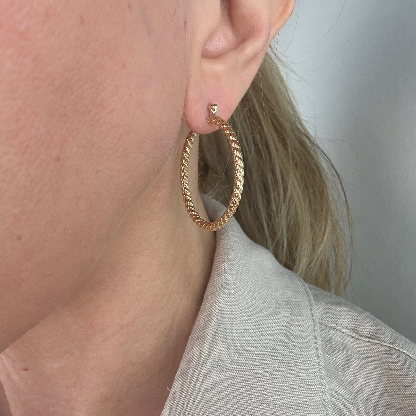 14K Solid Yellow Gold Mid-to-Large Size Rope Hoop Earrings, 3.34 g