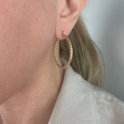 14K Solid Yellow Gold Mid-to-Large Size Rope Hoop Earrings, 3.34 g