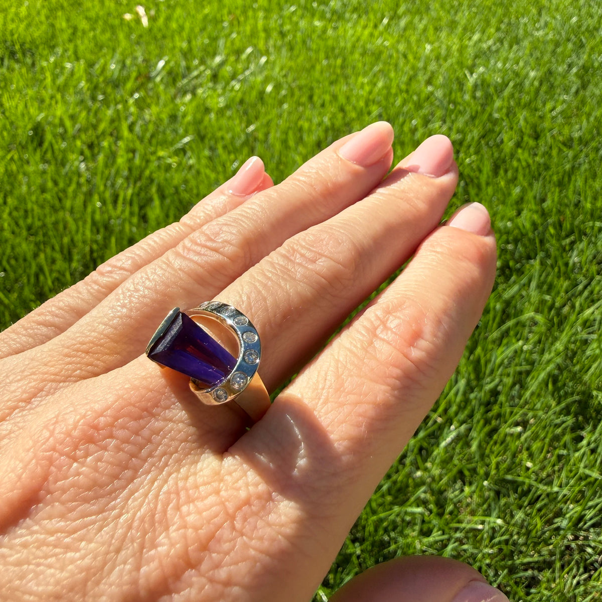 Solid 14K Two-Tone Sculptural Amethyst and Diamond Statement Ring, Size 7.75