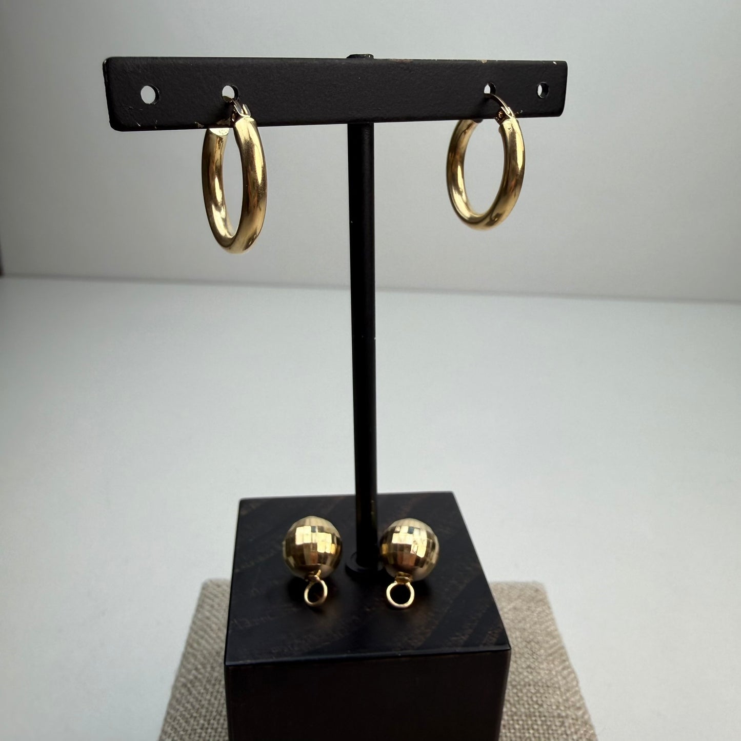 Estate 14k Solid Yellow Gold Hoop with Removable Disco Ball Earrings