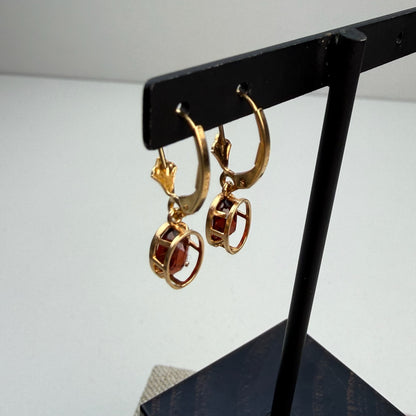 14k Solid Yellow Gold Vintage Garnet Dangle Lever Back Earrings, 1.8 g