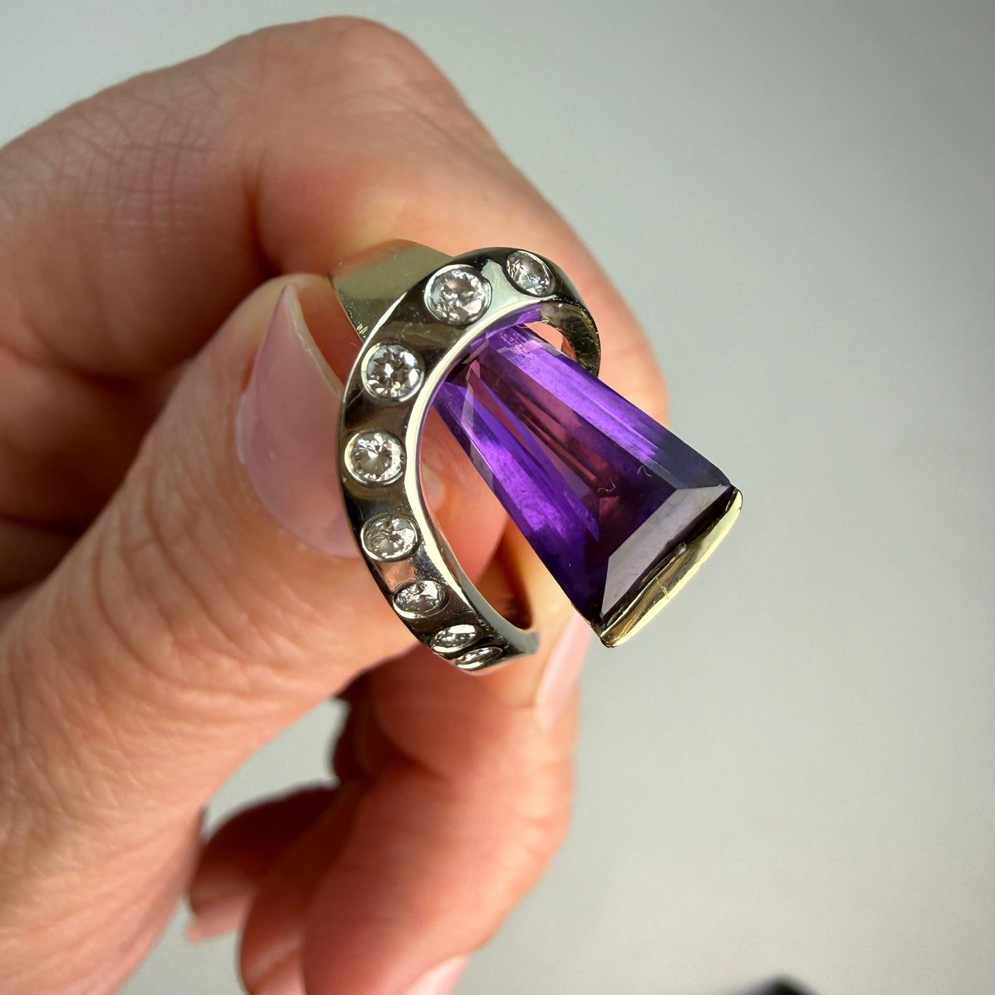 Solid 14K Two-Tone Sculptural Amethyst and Diamond Statement Ring, Size 7.75