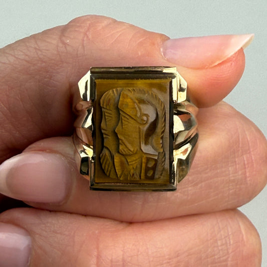 Vintage Solid 10K Yellow Gold and Tiger's Eye Double Soldier with Ring, Size 8.75