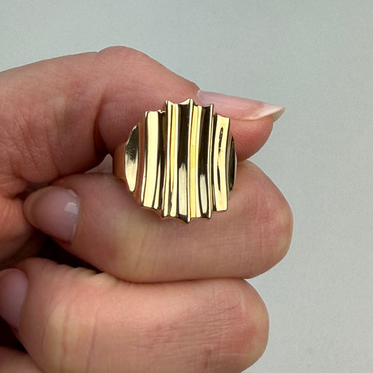 14K Solid Yellow Gold Wide Ridge, Sculptural Ring – Size 7