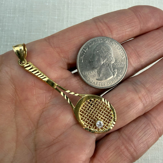 Solid 14K Yellow Gold with Diamond Tennis Racket Pendant Charm, 3.62 grams