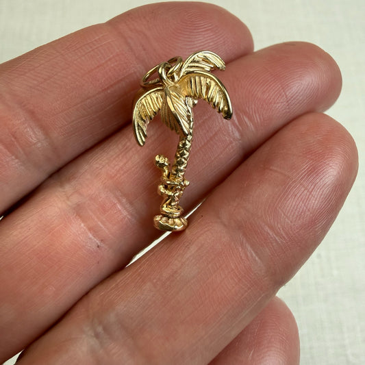 Vintage Solid 9K Yellow Gold Articulated Tropical Tree and Climber Pendant/Charm, 2.67 Grams