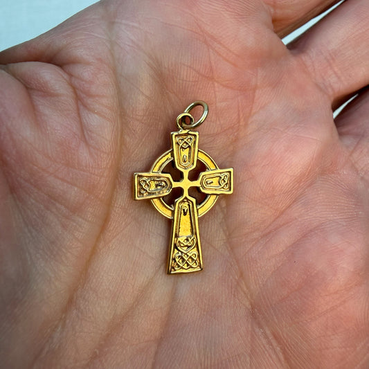 Solid 14K Yellow Gold Celtic Revival Style Cross — 1.9 grams