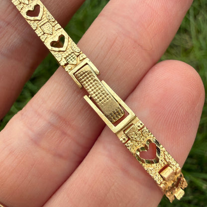 6.75" Solid 10K Yellow Gold Open Heart Textured Link Bracelet, 4.86 g