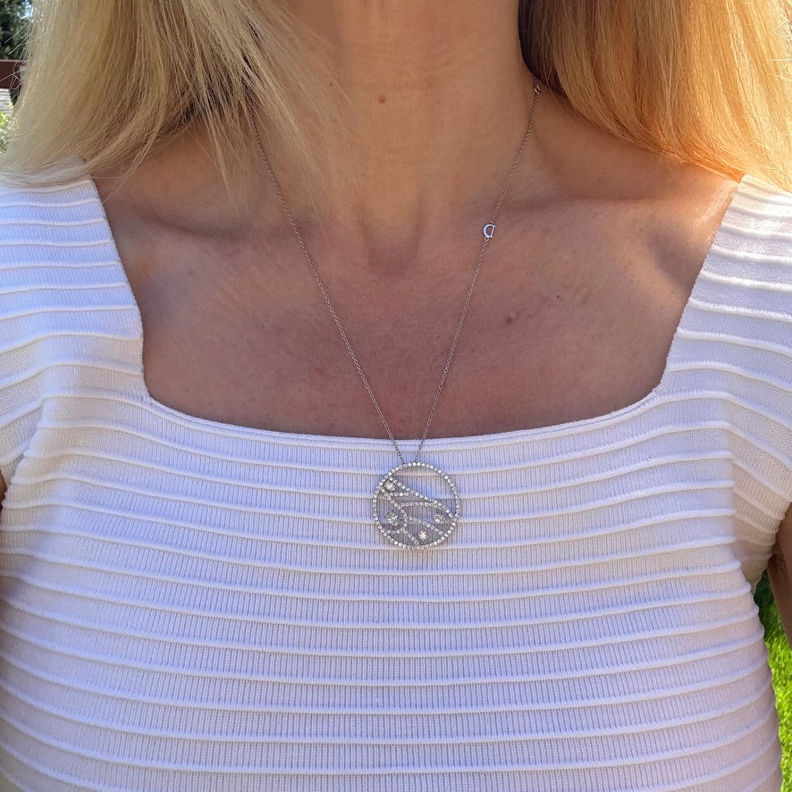 Damiani 18K White Gold Diamond Butterfly Wing Circle Pendant Necklace, 9.06 g