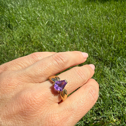 14K Solid Yellow Gold Geometric Amethyst and Gypsy Set Diamond Ring, Size 7.75