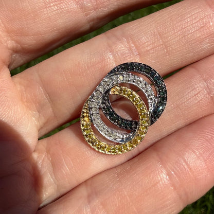 Solid 14K Two-Tone White, Yellow and Black Diamond Interlocking Pendant, 2.32 g