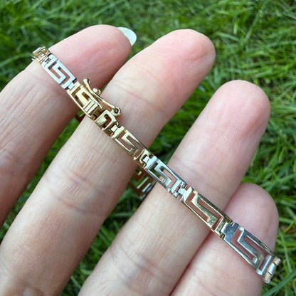 7" Solid 14K Two-Tone Gold Greek Key Graduated Bracelet, 10.88 g