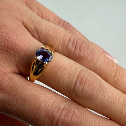 14K Solid Yellow Gold Oval Shaped Faceted Iolite Ring, Size 6.75