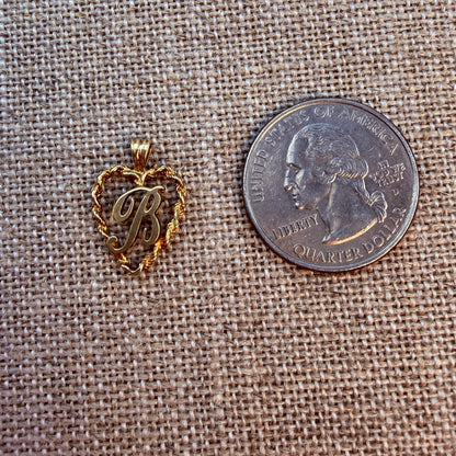 Vintage Solid 14K Yellow Gold Cursive “B” with Rope Heart Outline Pendant,1.08 g