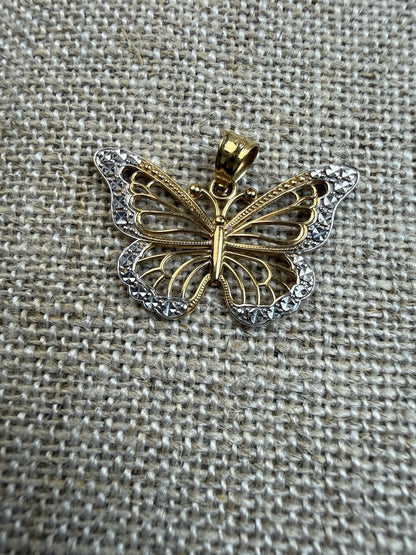 Solid 10K Yellow and White Gold Filigree Butterfly pendant, 1.14 grams