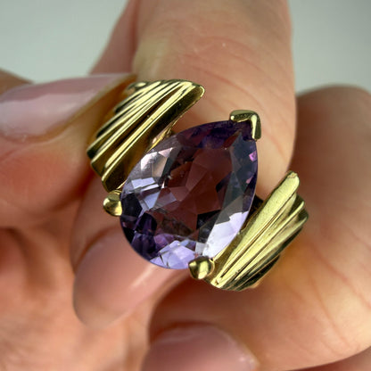 Solid 10K Yellow Gold Pear-shaped Amethyst Sculptural Ring, Size 7.75