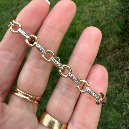 6.75" Solid 10K Two Tone Gold Fancy Link Bracelet, 4.05 g