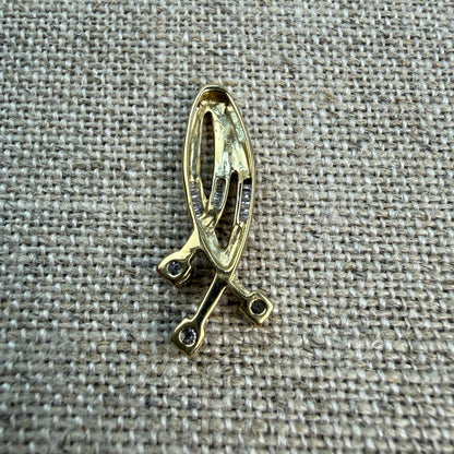 Solid 10K Yellow and White Gold Diamond Baguette and Round Diamond Pendant, 2.32 grams